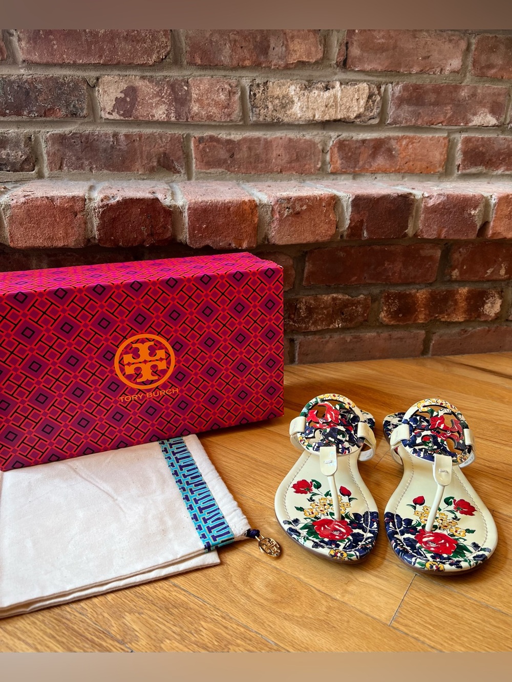 Tory Burch Ivory Tea Rose Floral Printed Patent Leather Miller Sandals